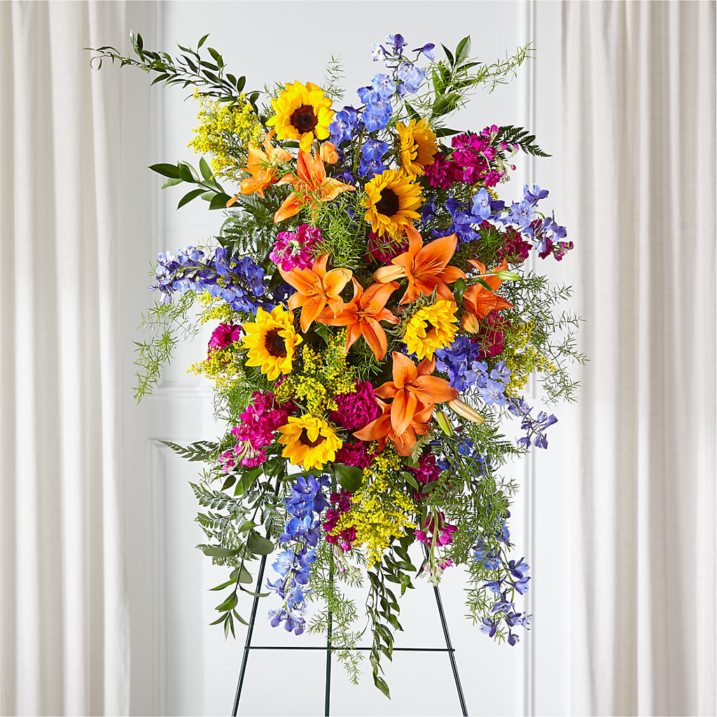 Sunlit Memories Standing Spray (Standard) – Panda Flowers Canada Inc, Calgary AB