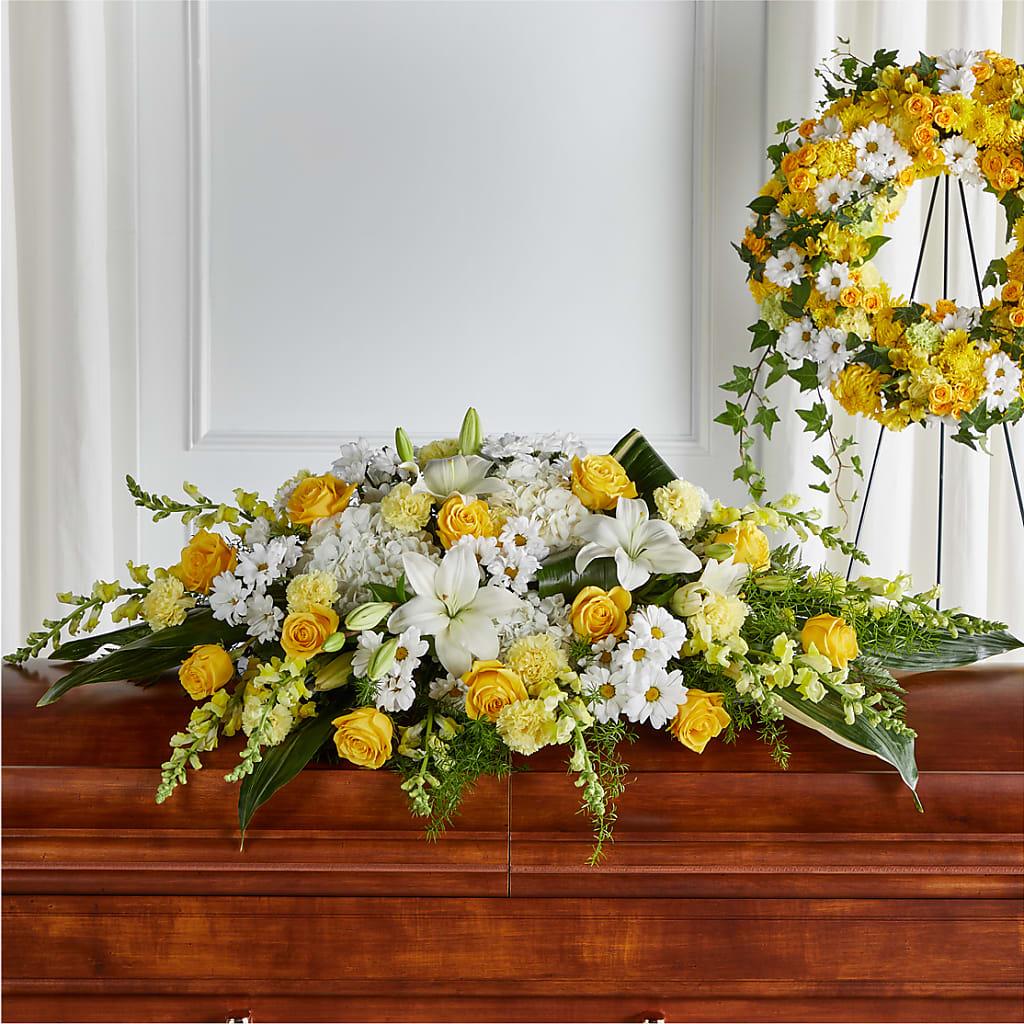 Golden Harmony Casket Spray – Panda Flowers Canada Inc, Calgary AB
