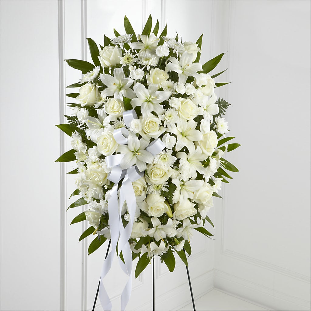 Exquisite Tribute Standing Spray-White Ribbon – Panda Flowers Canada Inc, Calgary AB