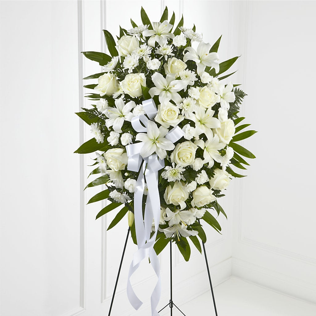 Exquisite Tribute Standing Spray-White Ribbon – Panda Flowers Canada Inc, Calgary AB